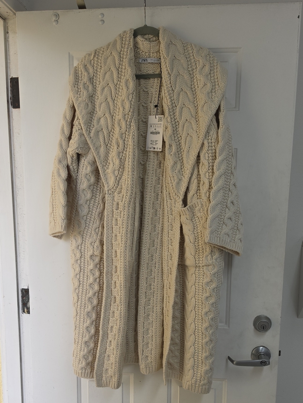 Zara cream long cable knit coat featuring a large
